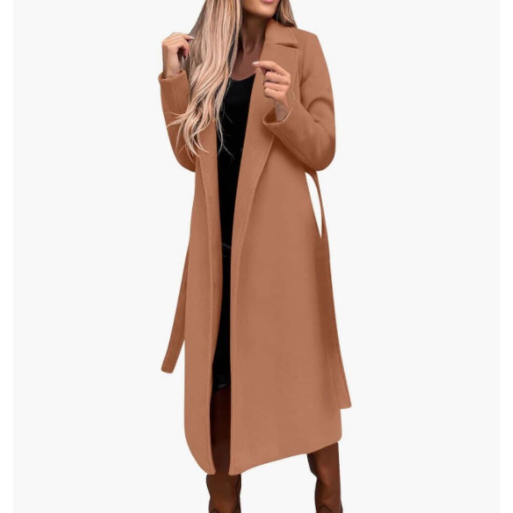 Boutique New Tan Faux Wool Long Lapel Open Front Coat Small